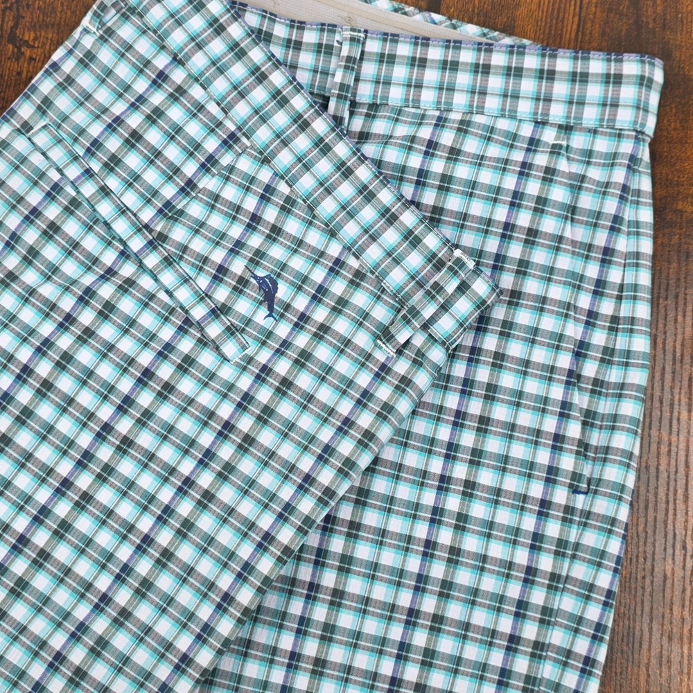 Tommy Bahama Plaid‎ Golf Shorts Mens 40 Teal Navy 8" Grip Waist Performance